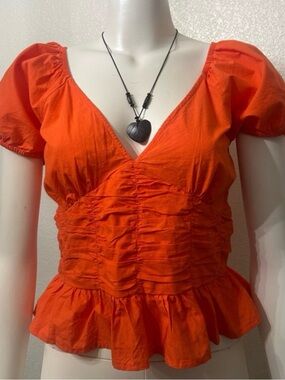 Women's Orange Puff Sleeve Ruched Peplum Blouse